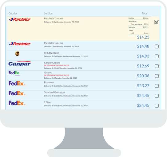 Shipping Rate Comparison Screen