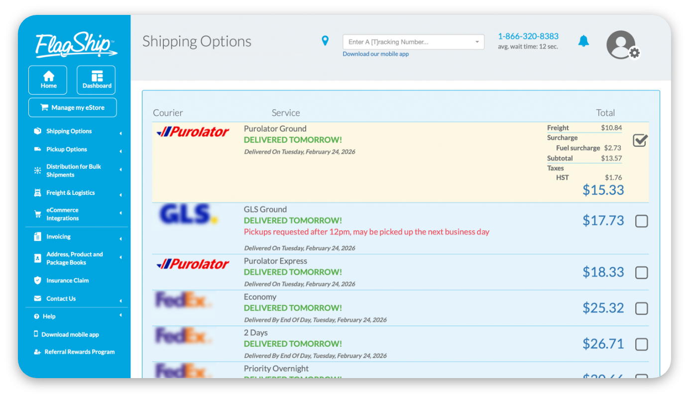 Flagship Purolator Shipping Rate Screen